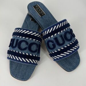 Gucci 37 Denim Jean Jane Logo Blue Stripe Slides Sandals E949